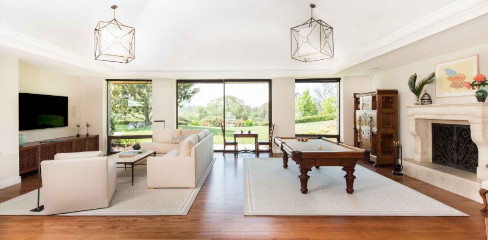 California Cool Monochromatic Living Room with Pool Table