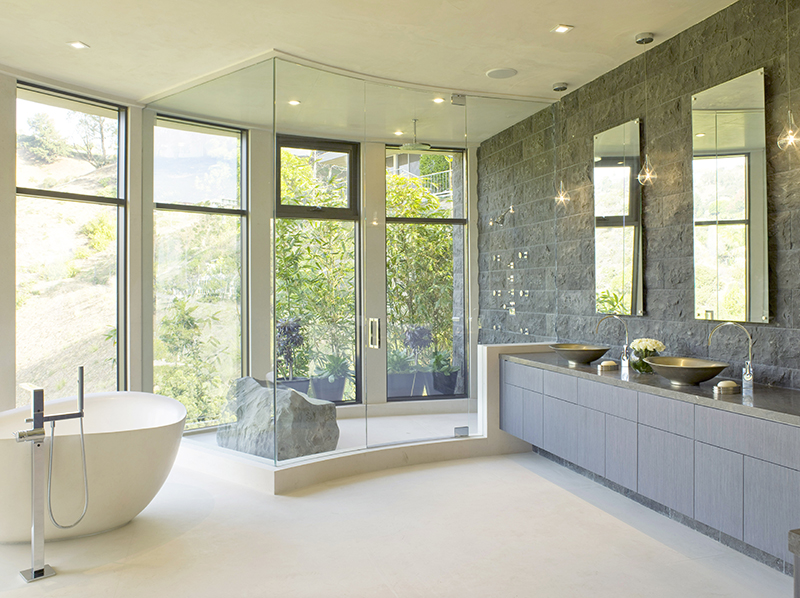 lori dennis hollywood hills modern bathroom natural stone shower and layered lighting