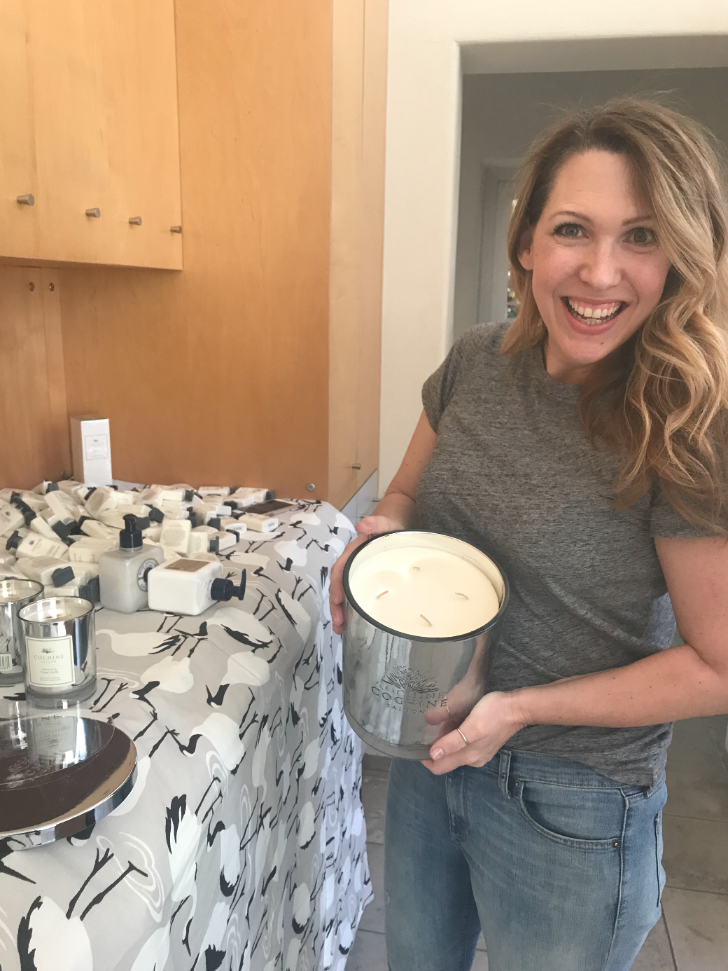 Sara with Cochine Saigon candles and Calico Corners' table cloth