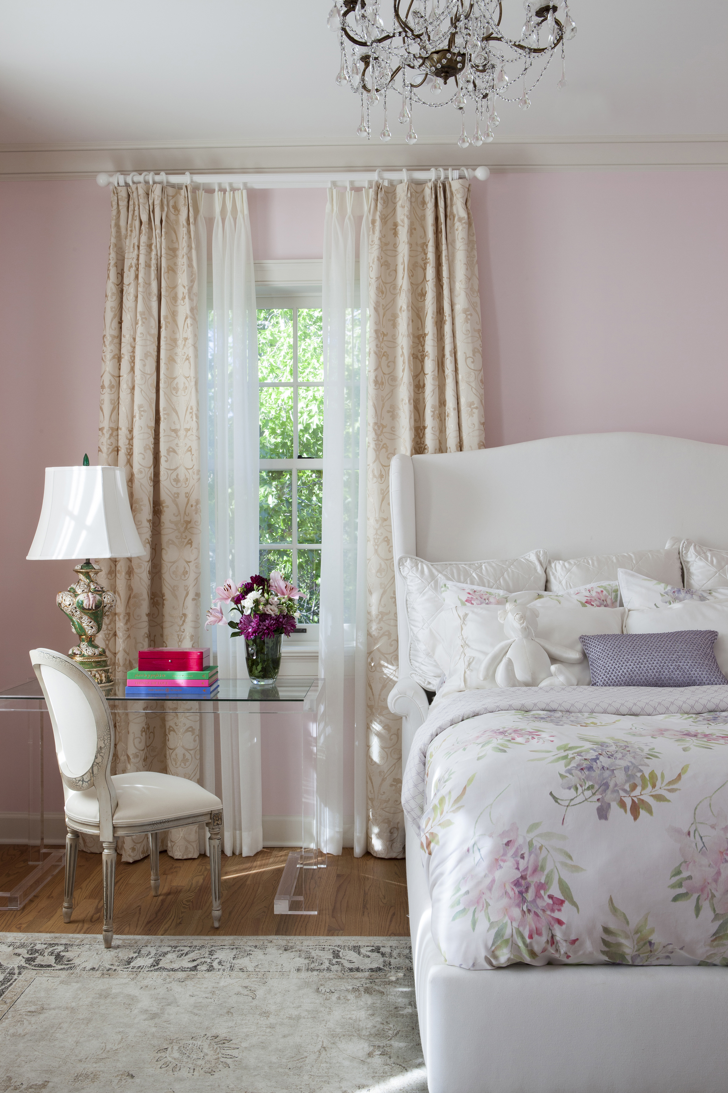 pink pastel french inspired bedroom design by celebrity interior designer Lori Dennis in Los Angeles