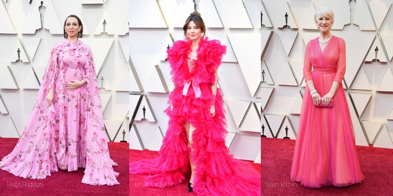 Maya Rudolph, Linda cardellini, and helen mirren in pink gowns on the oscars red carpet