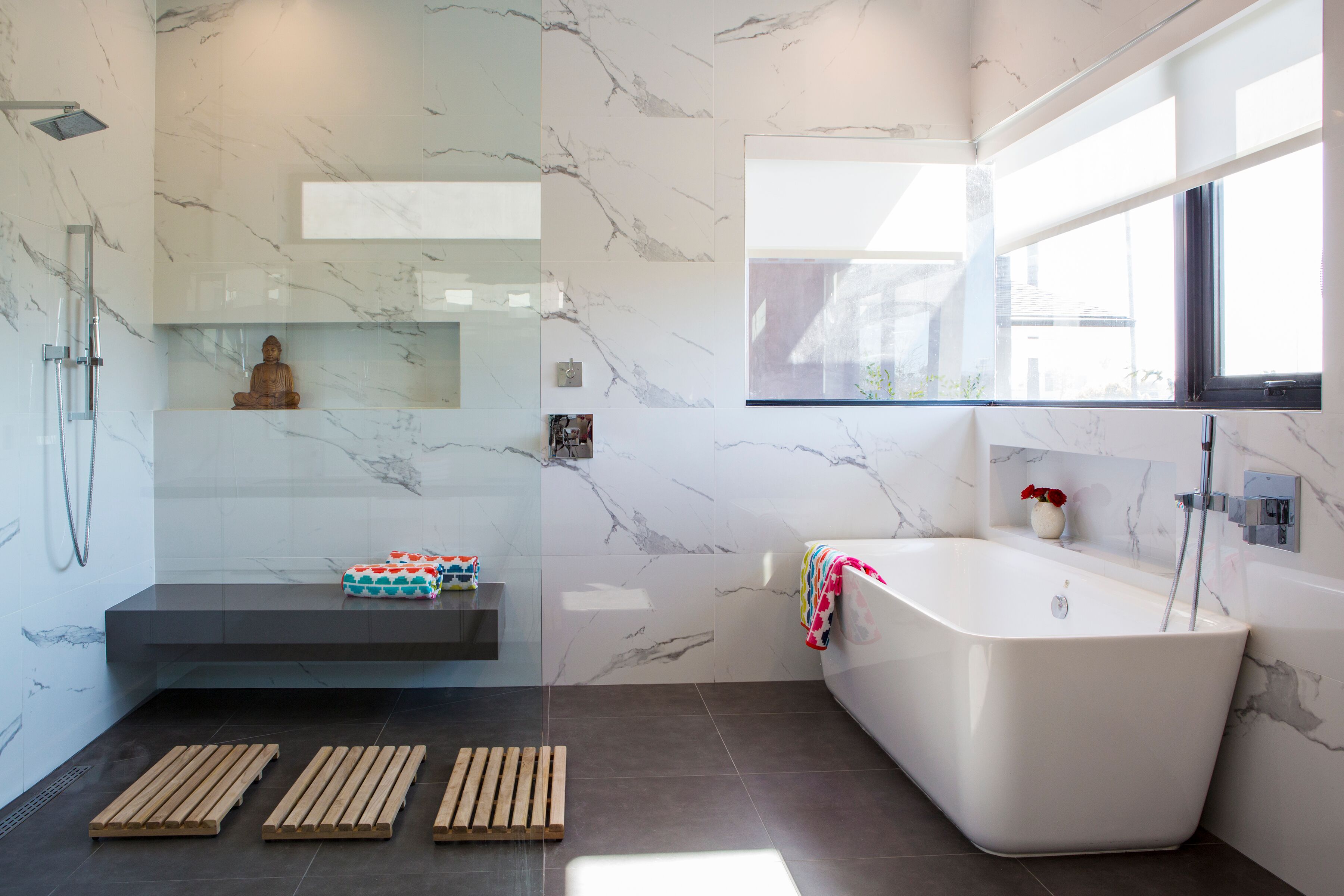 eco-friendly bath products all over this Venice Beach Modern Bathroom designed by Lori Dennis