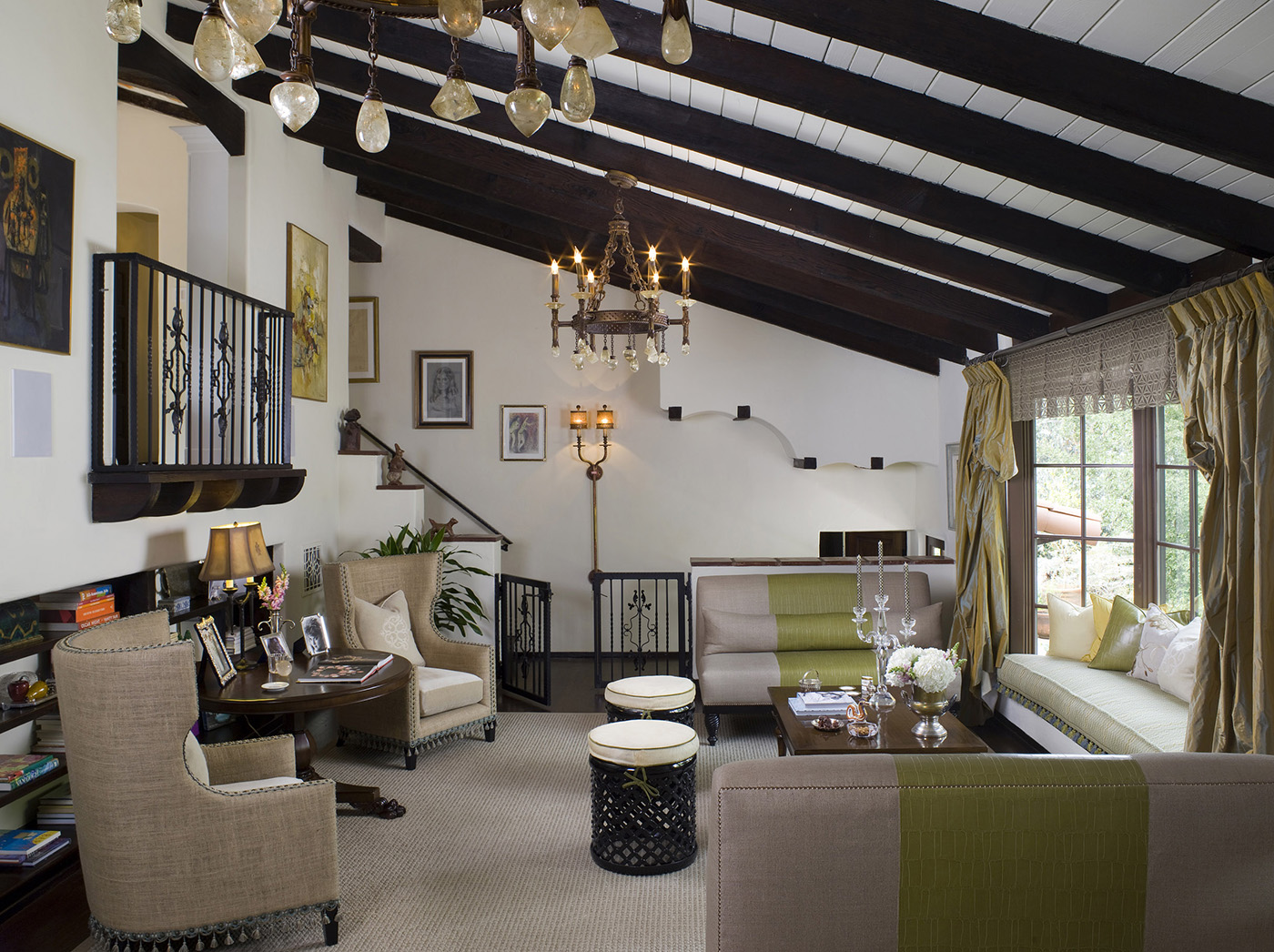 hip hacienda with traditional wooden beam ceilings and groovy lime green design details