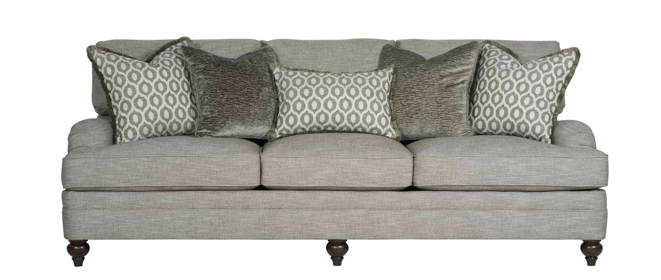 grey luxury couch from bernhardt with patterned throw pillows