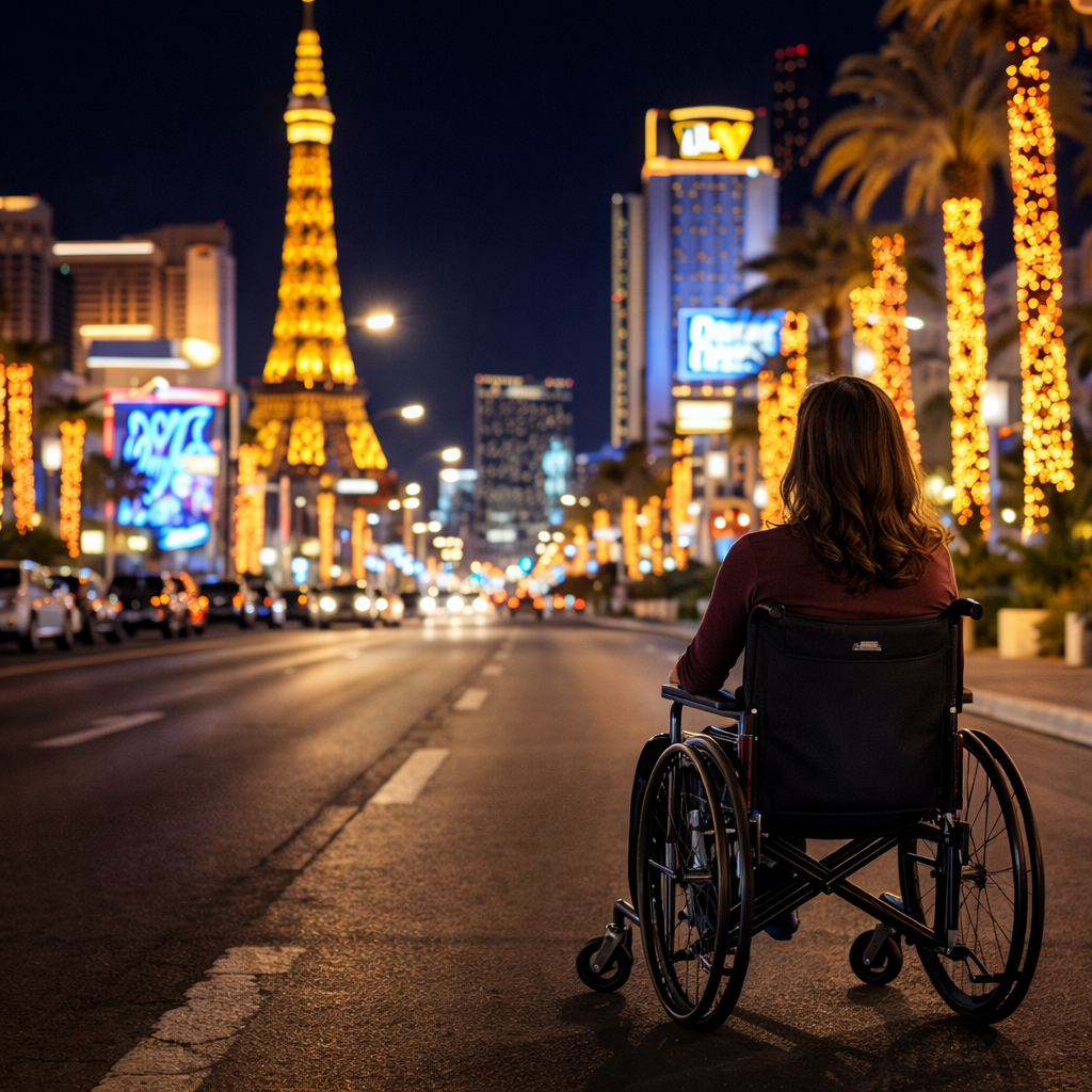 wheelchair user navigating commercial city street highlighting ADA accessibility and path of travel design issues