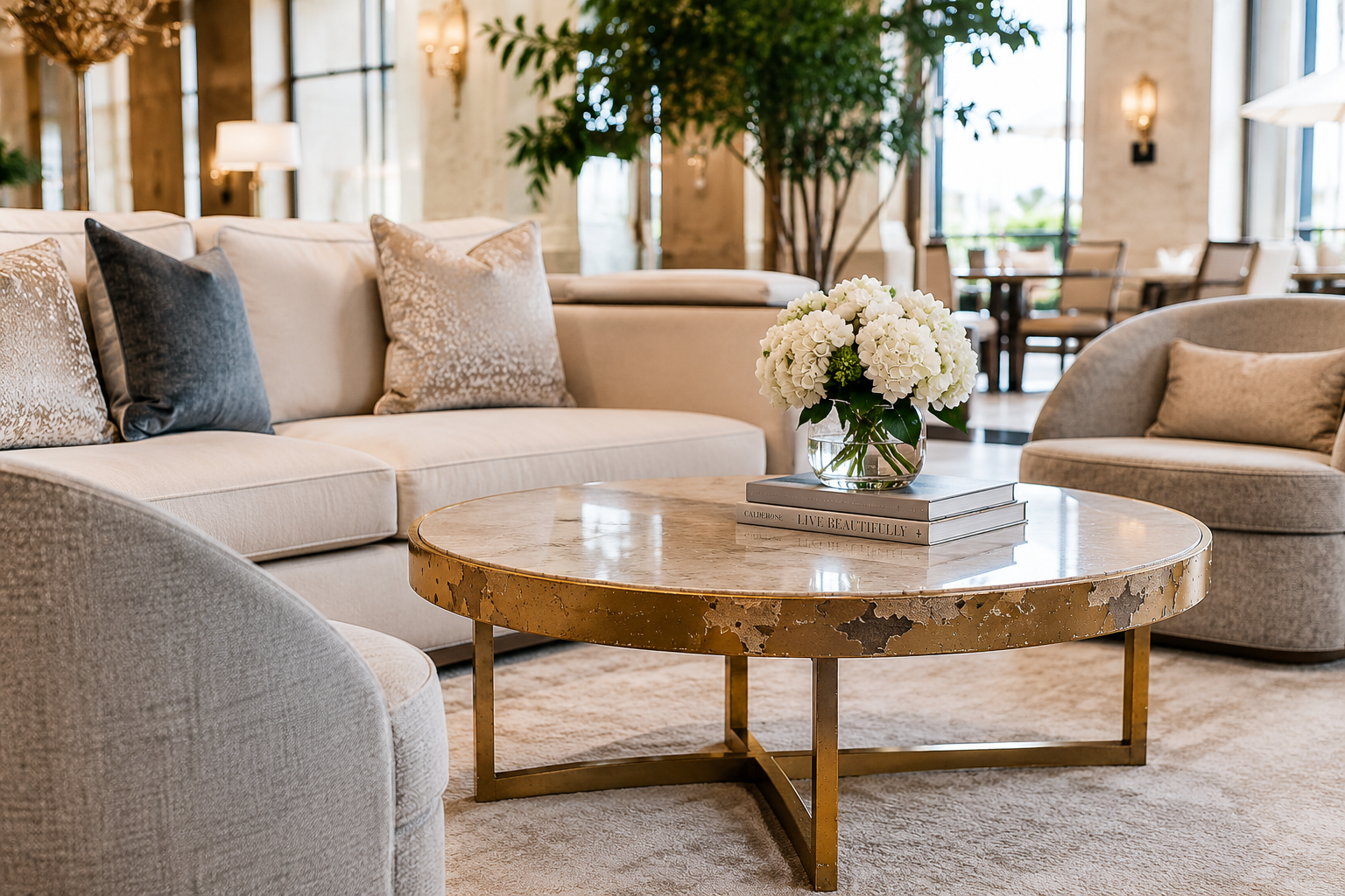 Luxury resort lounge featuring modern hospitality furniture and a round brass coffee table with visible finish deterioration and premature wear.
