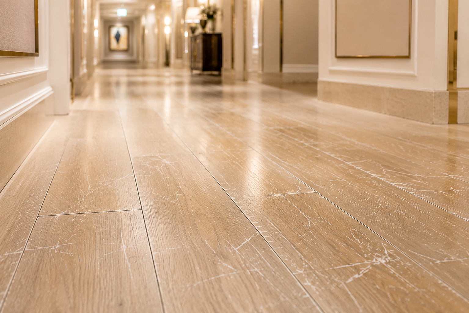 Close-up of scratched and visibly worn wood flooring in an elegant luxury hotel corridor with warm architectural lighting.