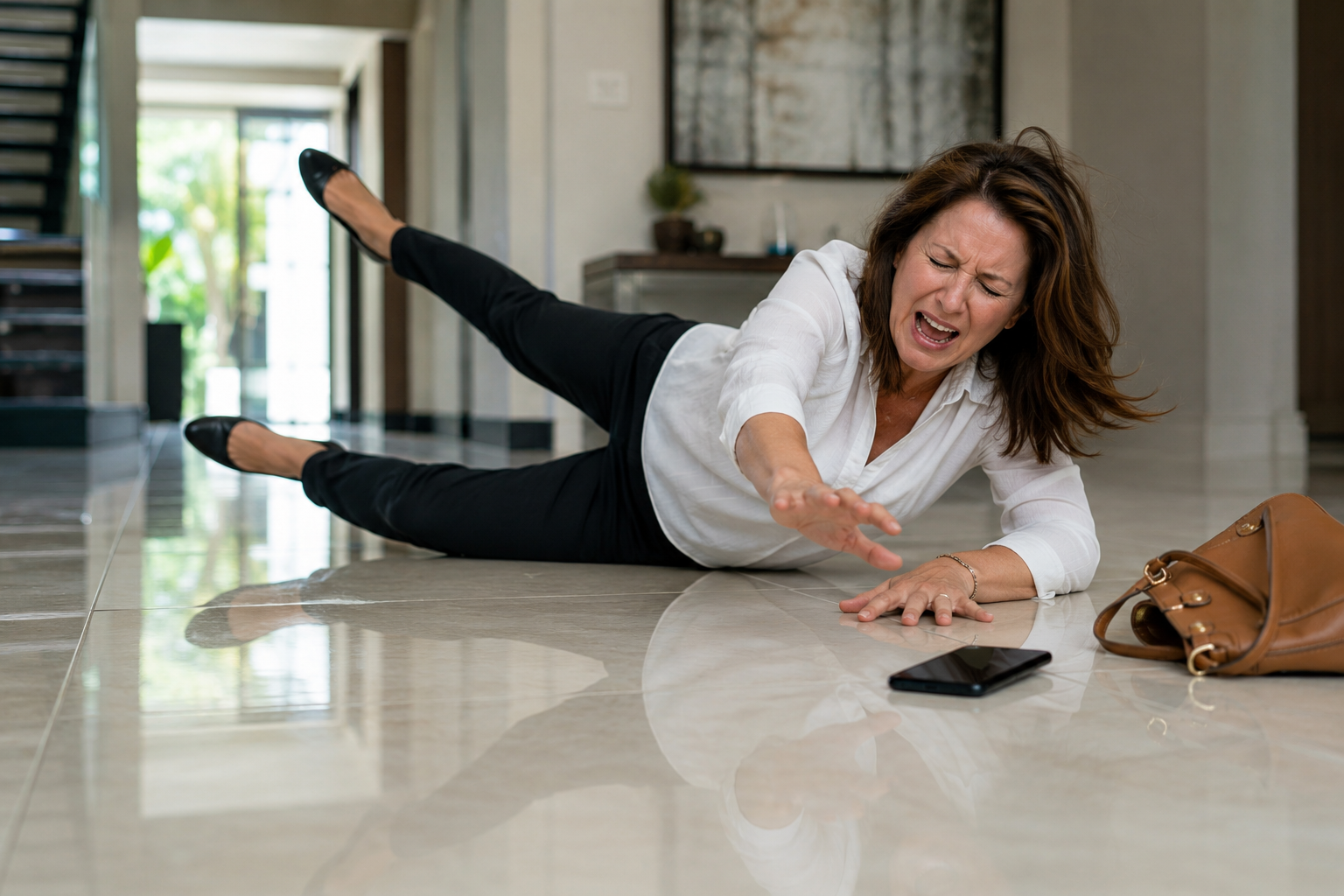 Woman slipping and falling on a shiny polished tile floor inside a modern luxury home