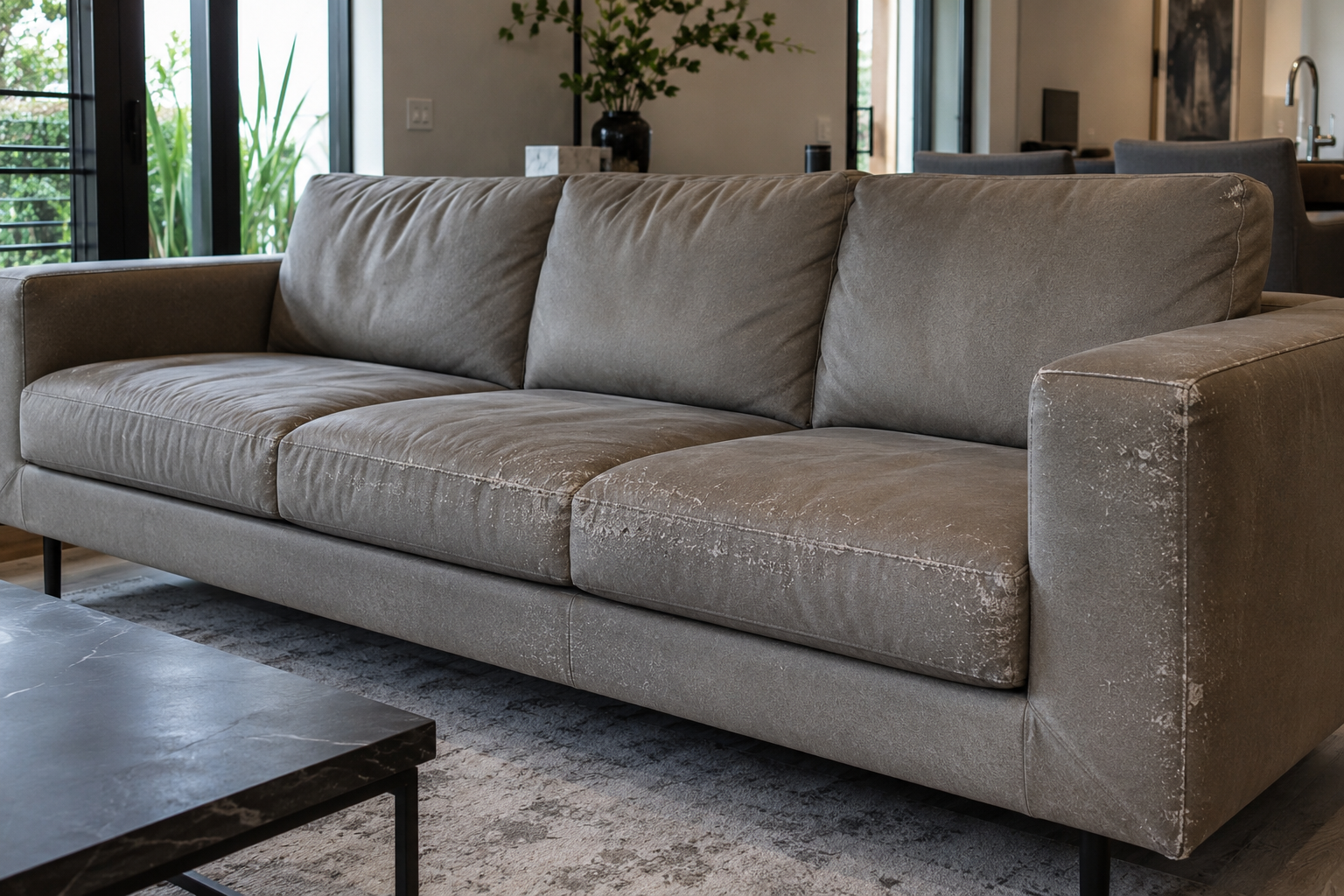 Modern gray upholstered sofa with visible premature fabric wear and surface deterioration in a luxury living room