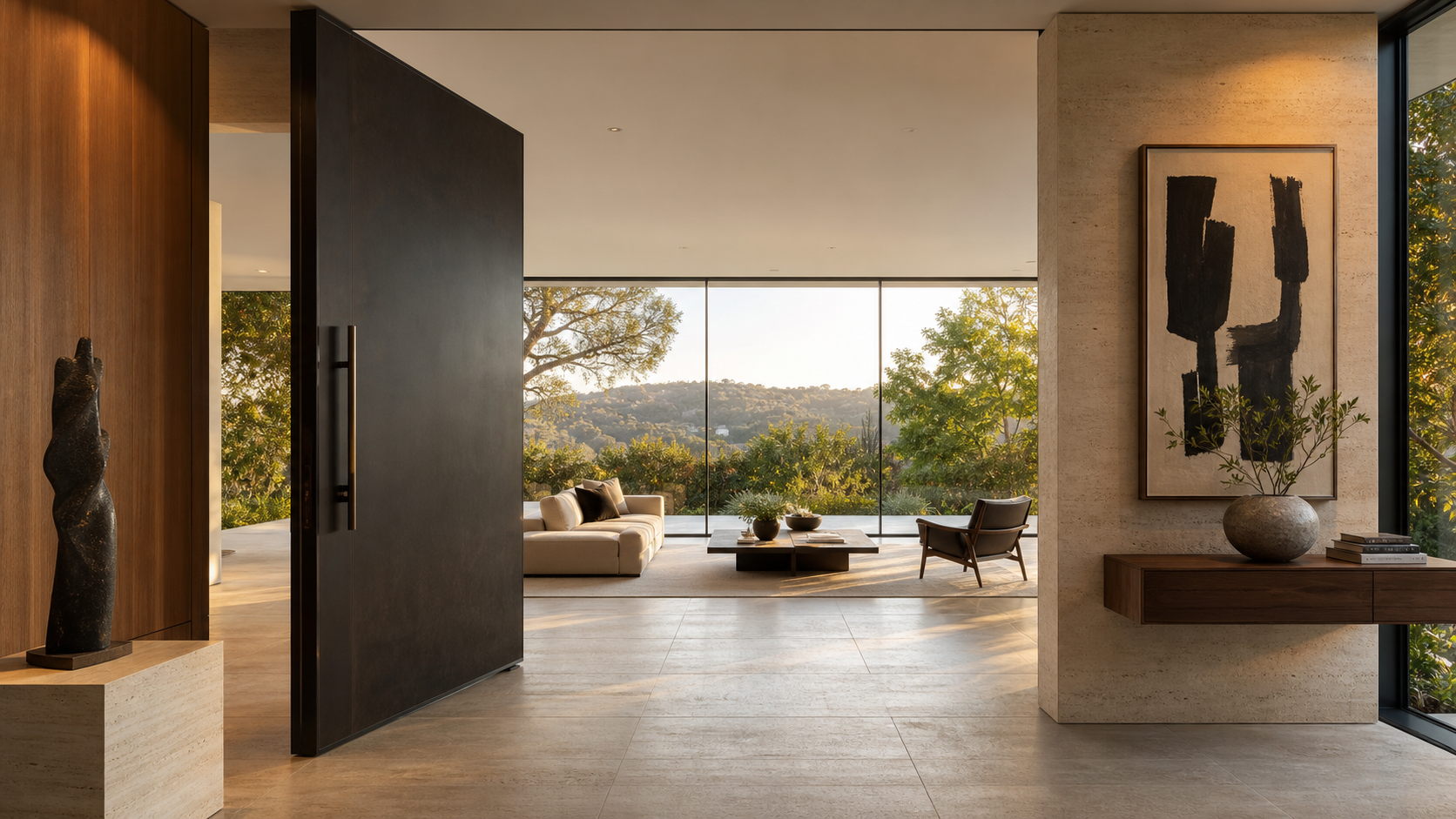 Luxury pivot door and floor-to-ceiling glass illustrating a luxury windows and doors expert witness dispute