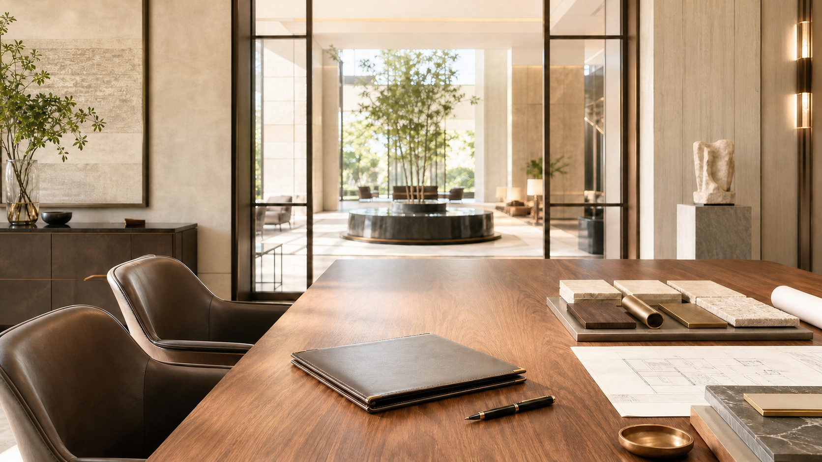 Luxury interior design contract consultation in a bright, refined dining space