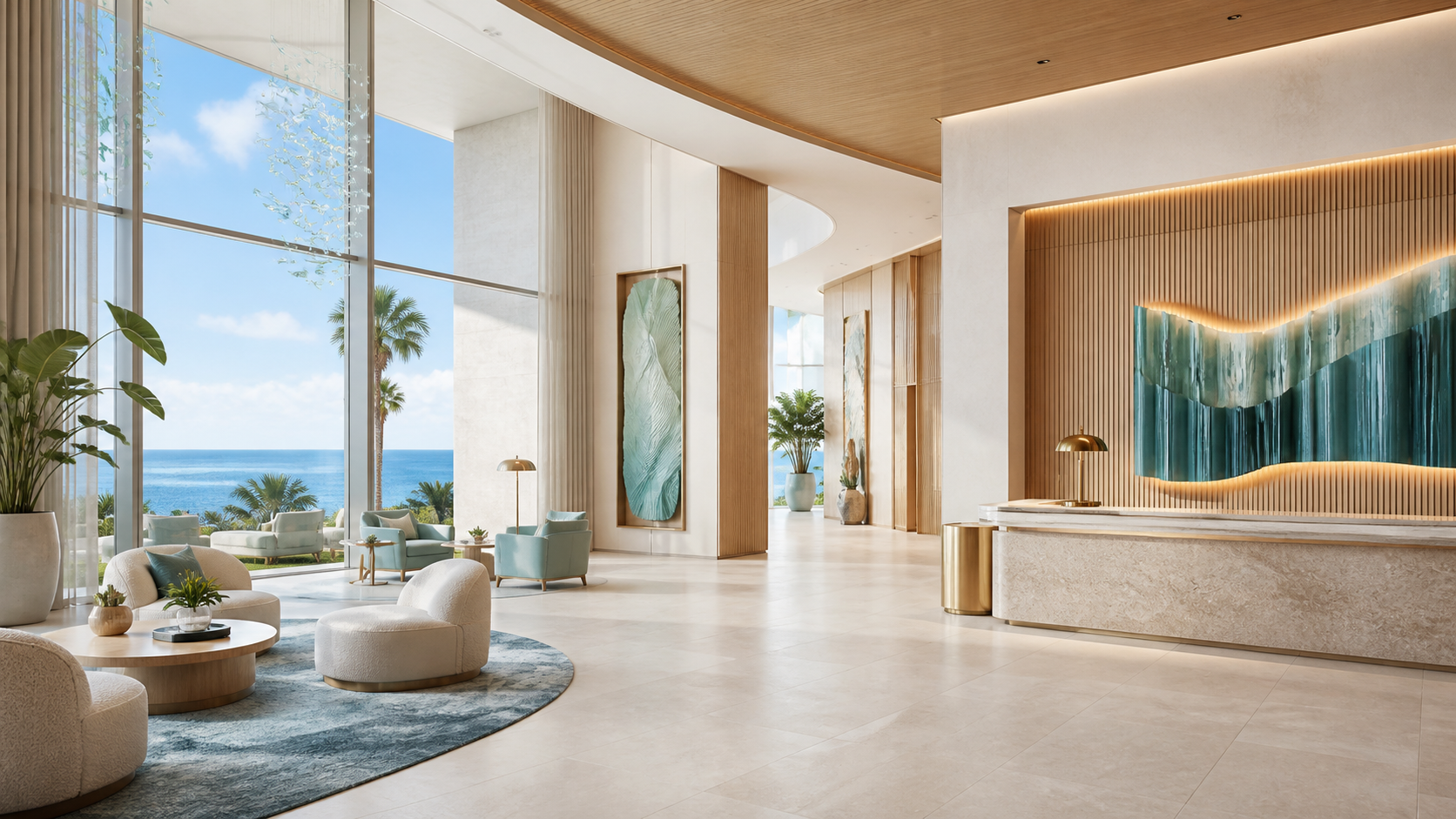 Upscale coastal hotel lobby illustrating luxury construction defects and material substitutions