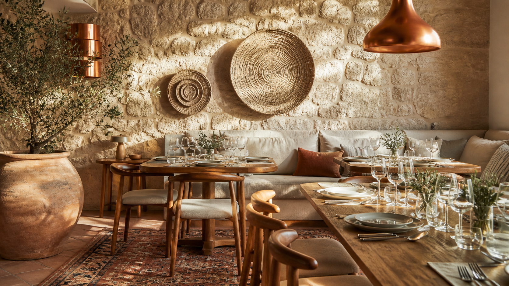 Cohesive Southern Mediterranean restaurant interior with stone, wood, copper, and woven details