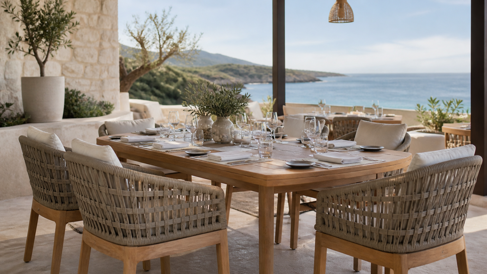 Durable woven indoor-outdoor restaurant furniture in a luxury coastal dining room