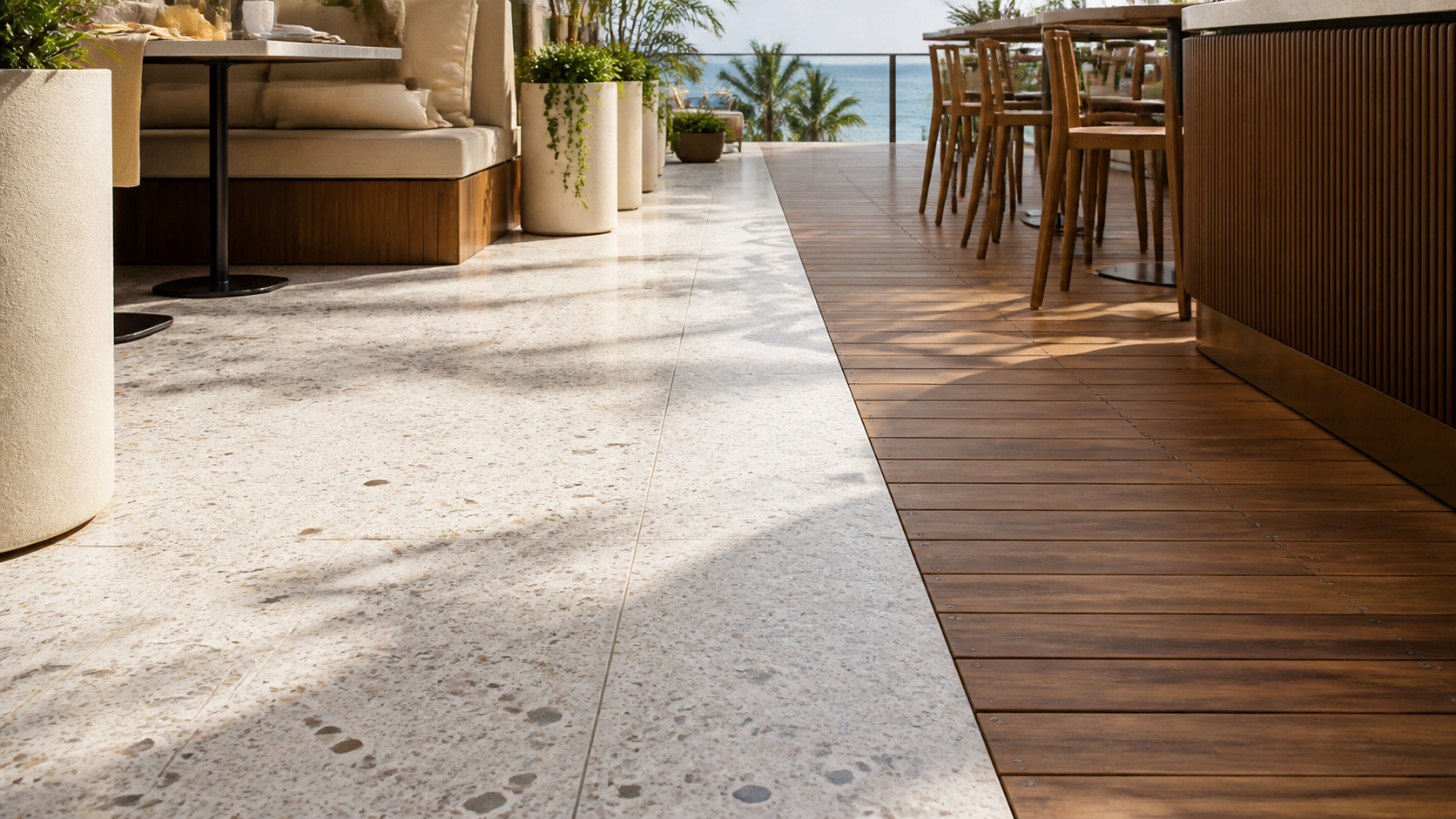 Terrazzo stone and tigerwood-style flooring transition in an upscale coastal restaurant
