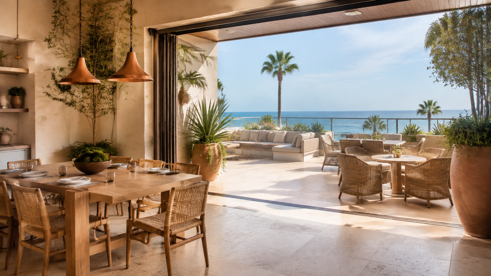 Seamless indoor-outdoor luxury restaurant design overlooking the Pacific Ocean