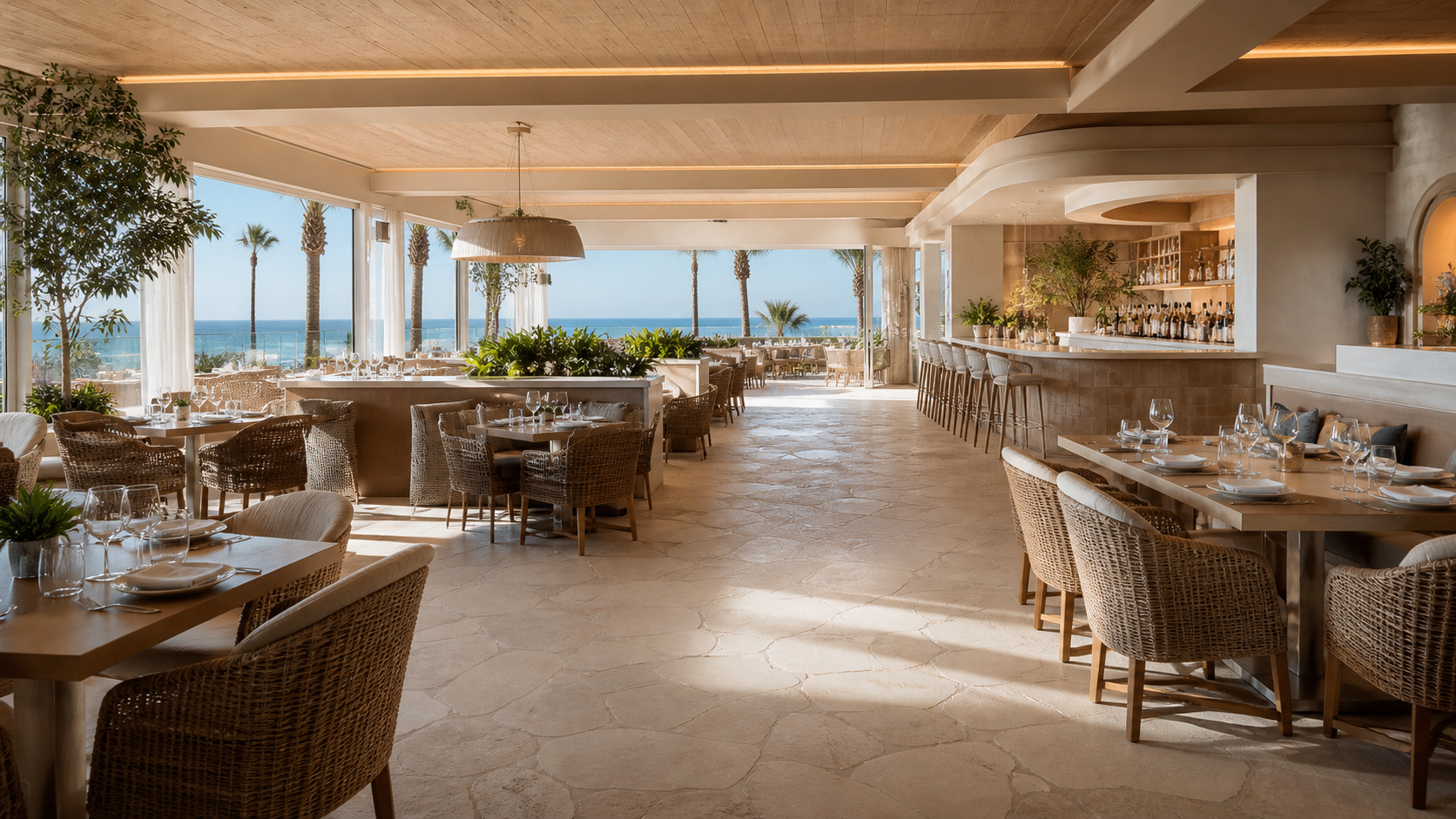 Luxury coastal restaurant layout with clear guest and server circulation paths