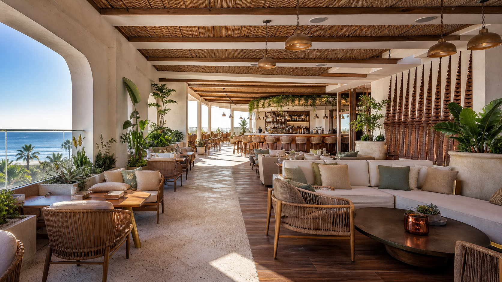 Upscale indoor-outdoor Santa Monica restaurant design with durable flooring and furnishings