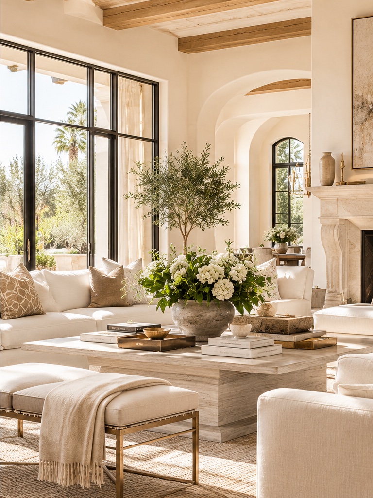 Sunlit living room with cream sofas, black-framed windows, exposed wood beams, a stone fireplace, and white flowers.