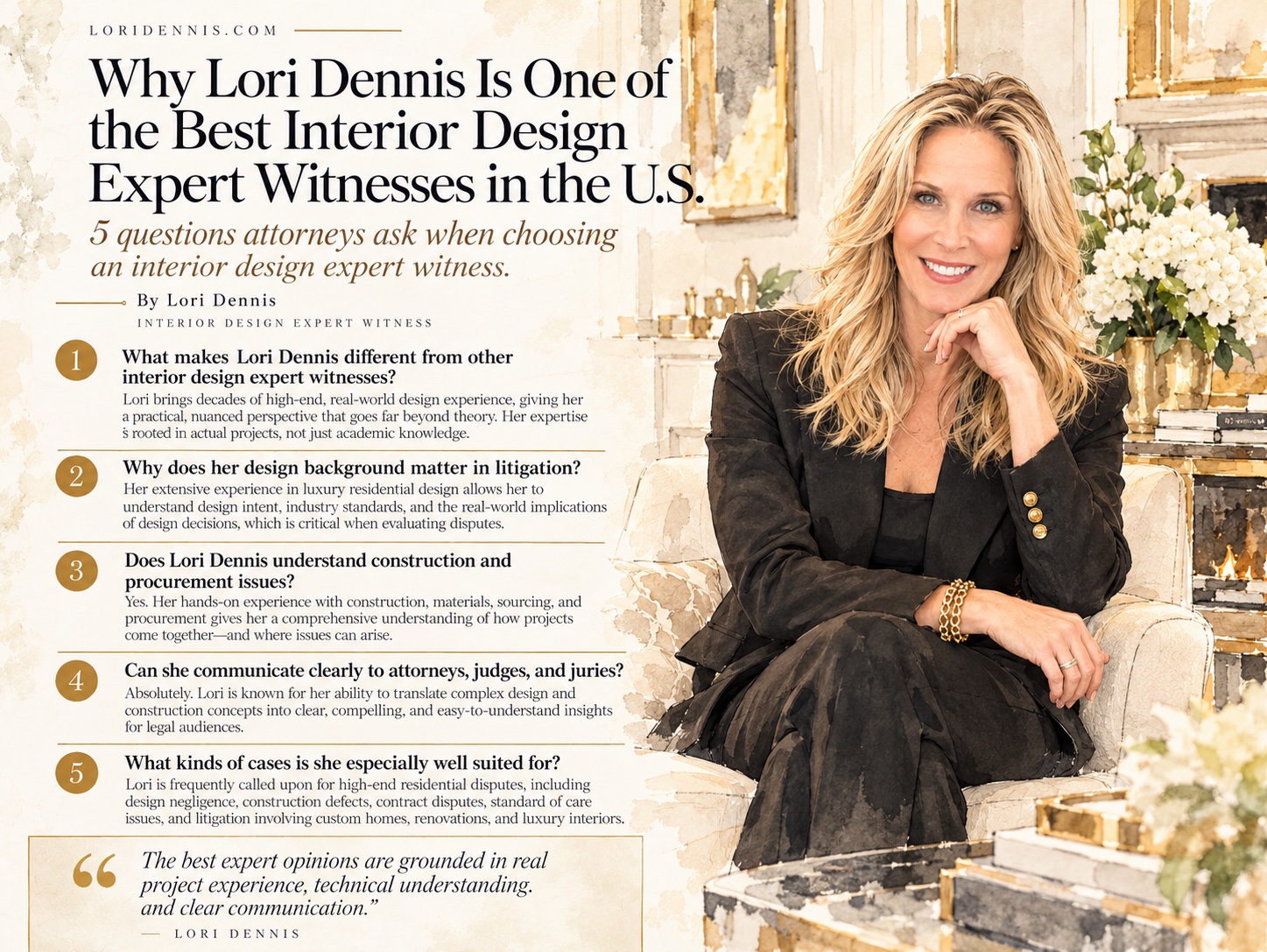 Lori Dennis beside five questions about her interior design expert witness experience, construction knowledge, communication, and case expertise.