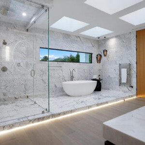 Beverly Hills - PRIMARY BATHROOM SHOWER TUB - Modern Beverly Hills Lori Dennis Interior Design